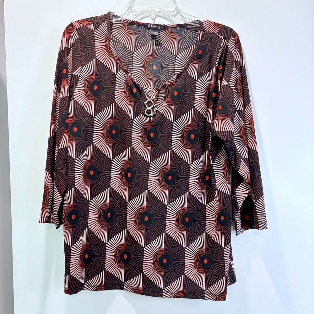 By Design Women's Black/Orange/White 3/4 Sleeve Blouse Round Neck Geometric Sz L
